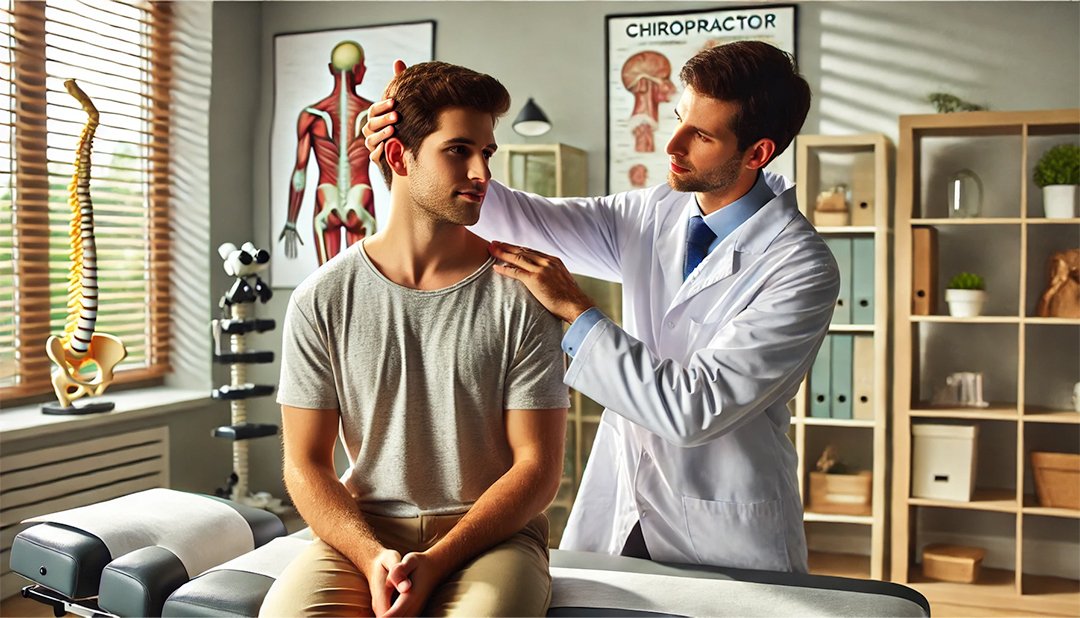 A chiropractor gently assessing a patient’s neck.