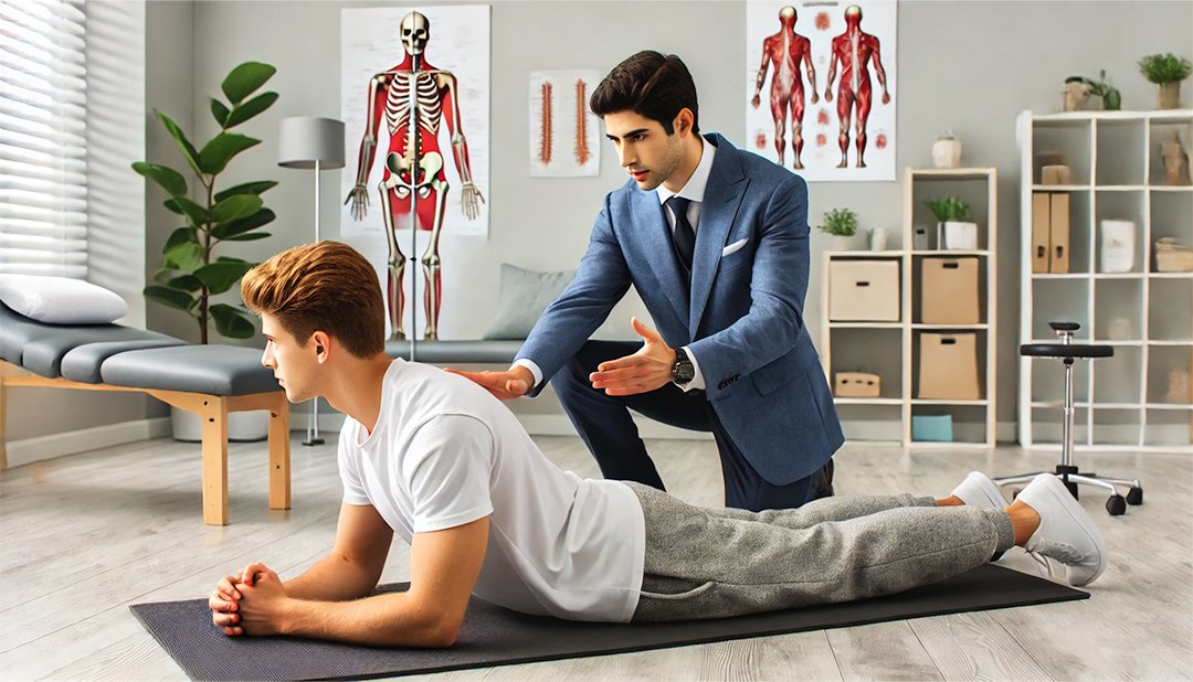 A chiropractor gently assessing a patient’s neck.